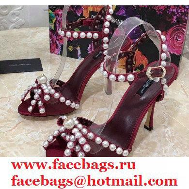 Dolce & Gabbana Heel 10.5cm Satin Sandals Burgundy with Pearl Application 2021 - Click Image to Close
